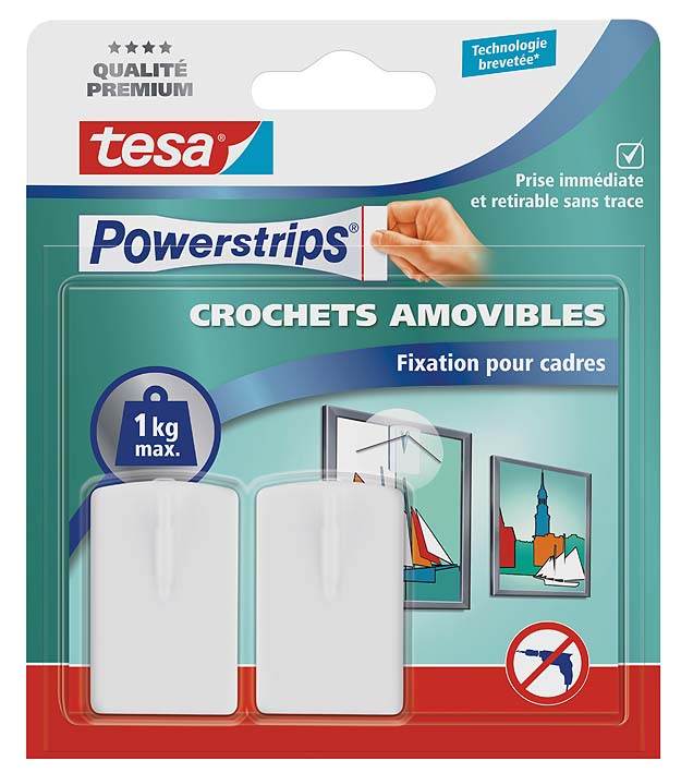 ▷ Petits crochets classiques avec adhésif Tesa Powerstrips blanc boîte de 6  blisters de 3 crochets chacun